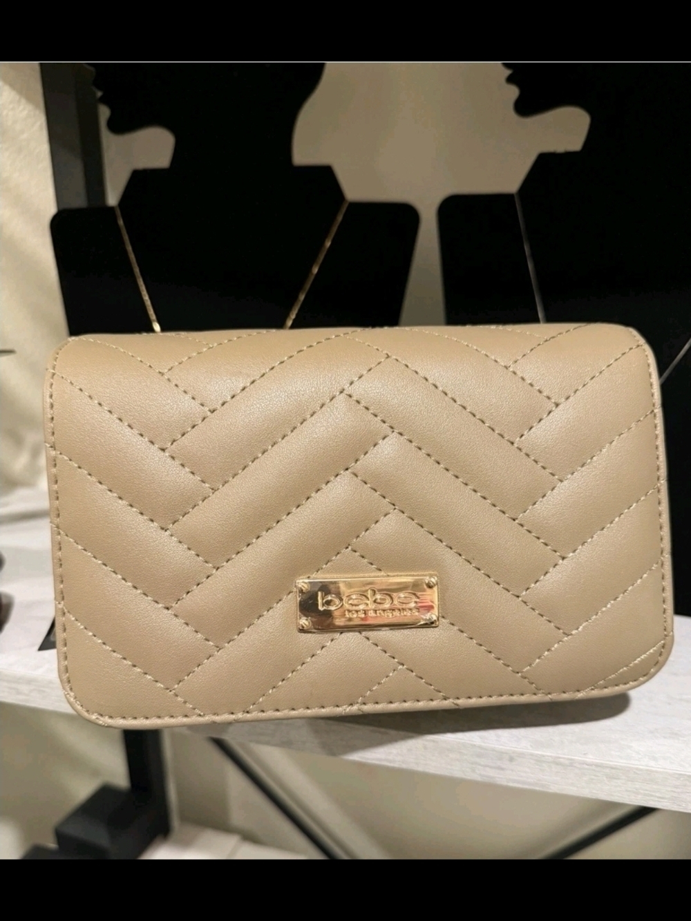 bebe Quilted Crossbody Bag in Taupe with Gold Hardware